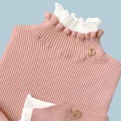 2023 Autumn Winter Sweater Women's Turtleneck Lace Ruffle Pullover Women's Trumpet Sleeve Top Solid Color Knitwear Sweater