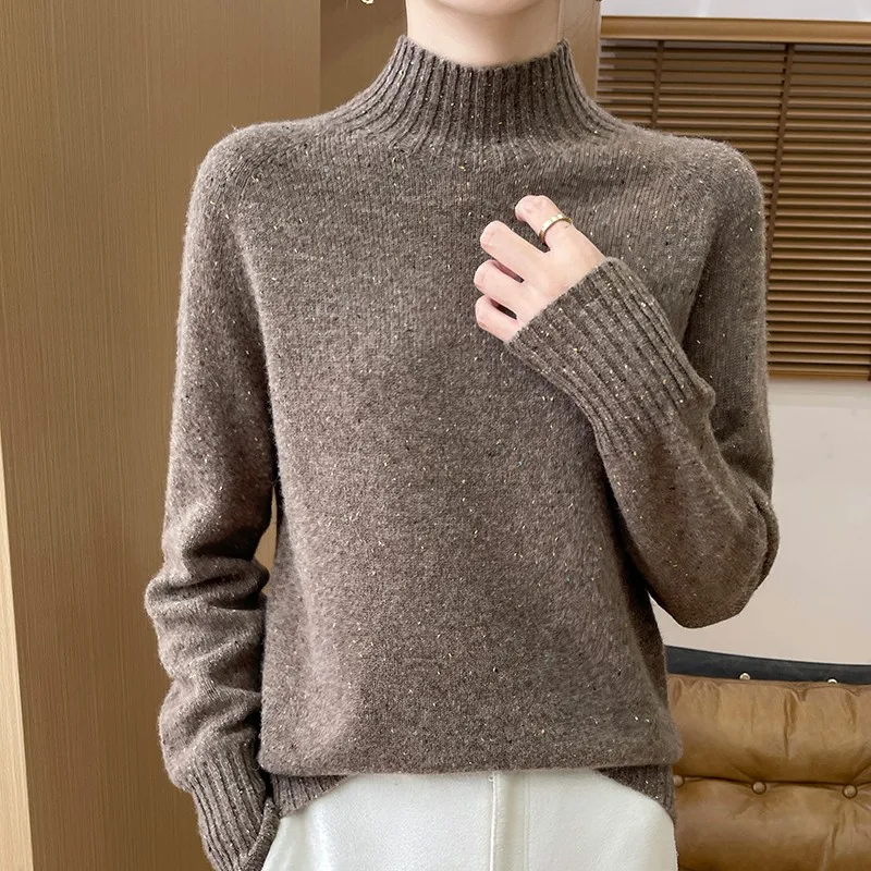 Women's Half Height Neck 100% Pure Wool Sweater Women's Fall/Winter Dot Yarn Soft Pullover Knitted Thick Warm Outdoor Casual Top