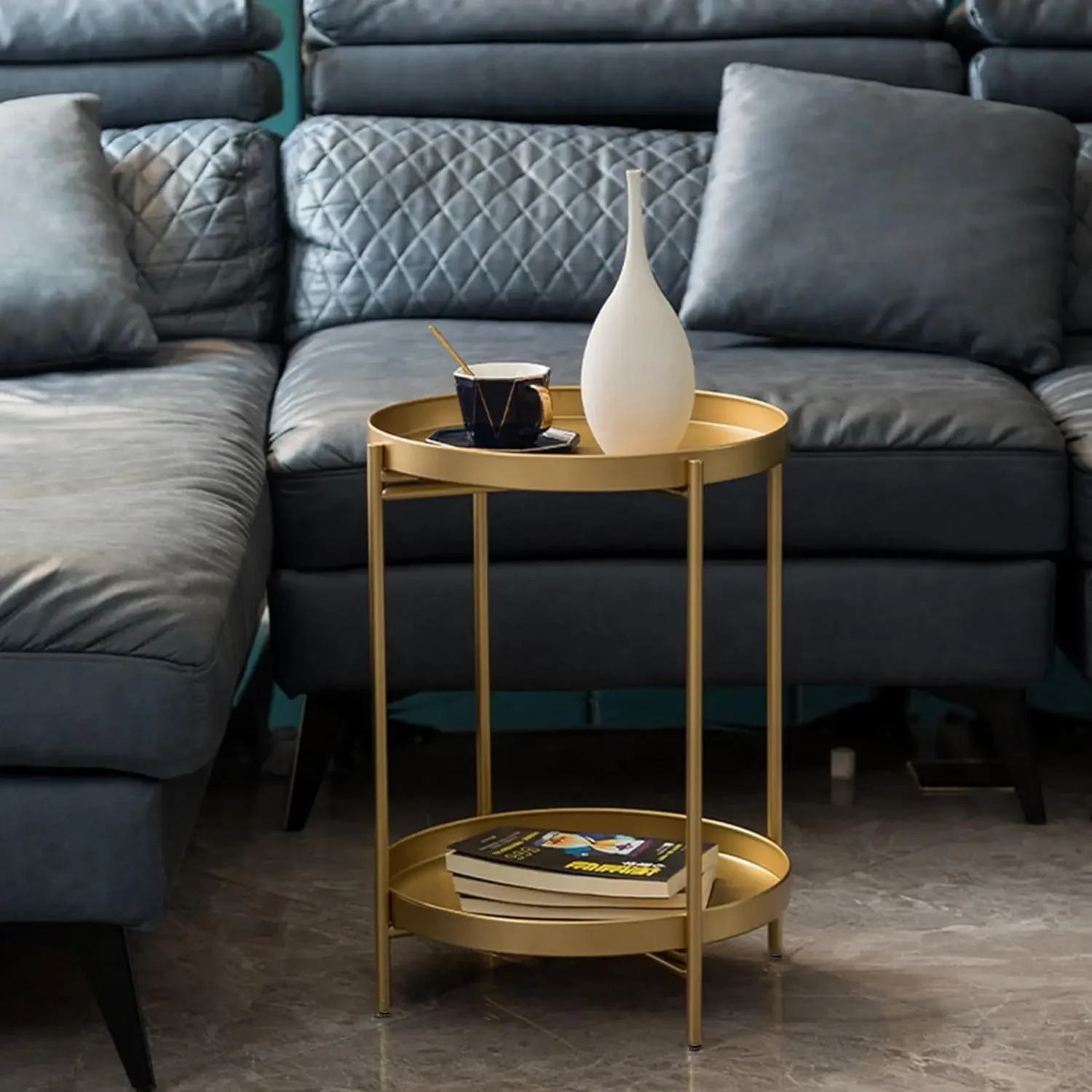 

2-Tier Coffee End Table,Metal Round Side Table with Removable Tray,Small Folding Accent Tables for Bedroom Balcony Living Room