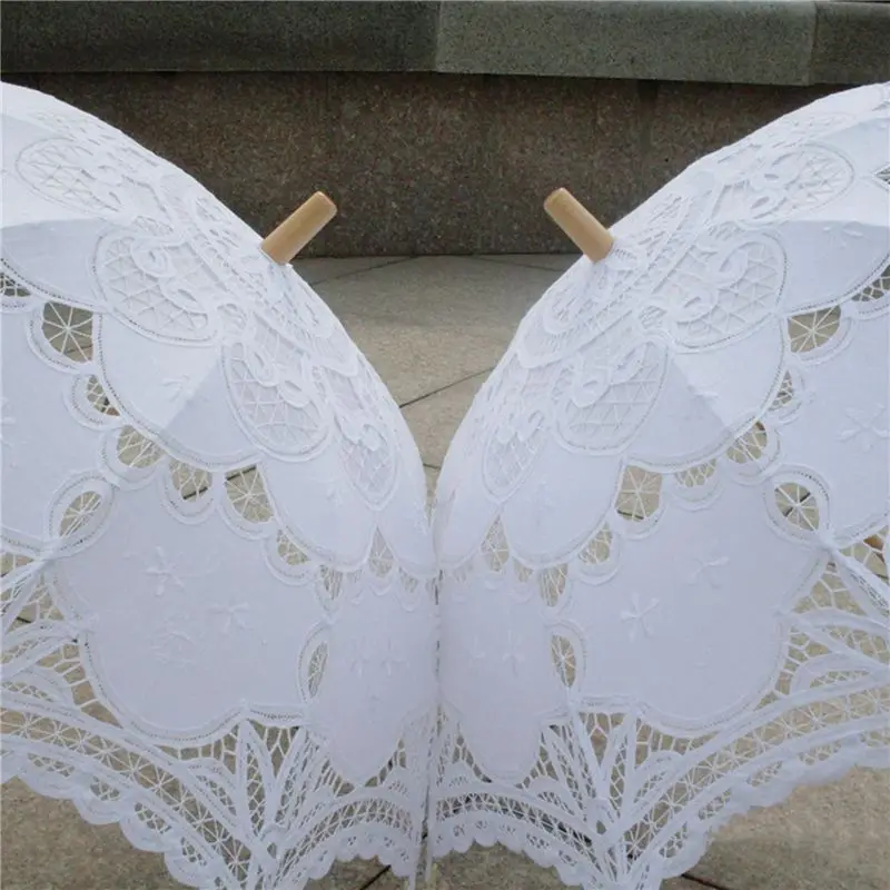 FLYY-5PCS 80 cm viktorianischer Hochzeitsschirm mit Spitzenstickerei, weiß – Detail 2