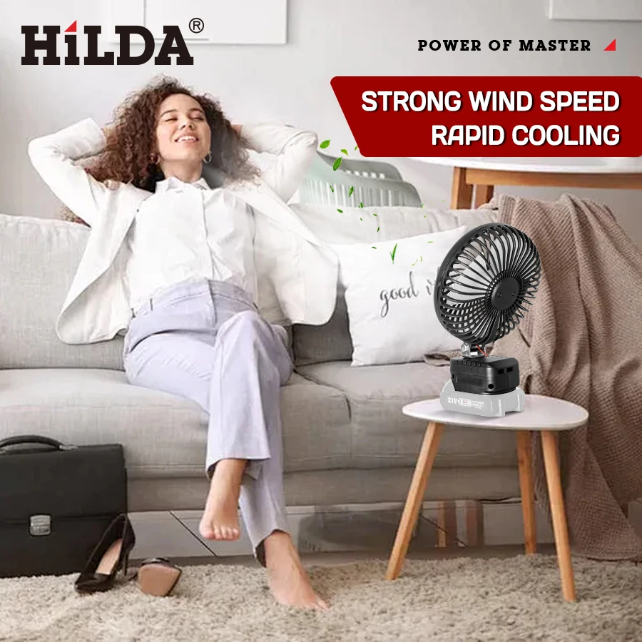 هيلدا مروحة كهربائية ليثيوم سوداء تناسب ماكيتا 21 فولت، شفرة مروحة كبيرة 90 °   تعديل درجة مروحة هادئة محمولة مروحة رياح قوية