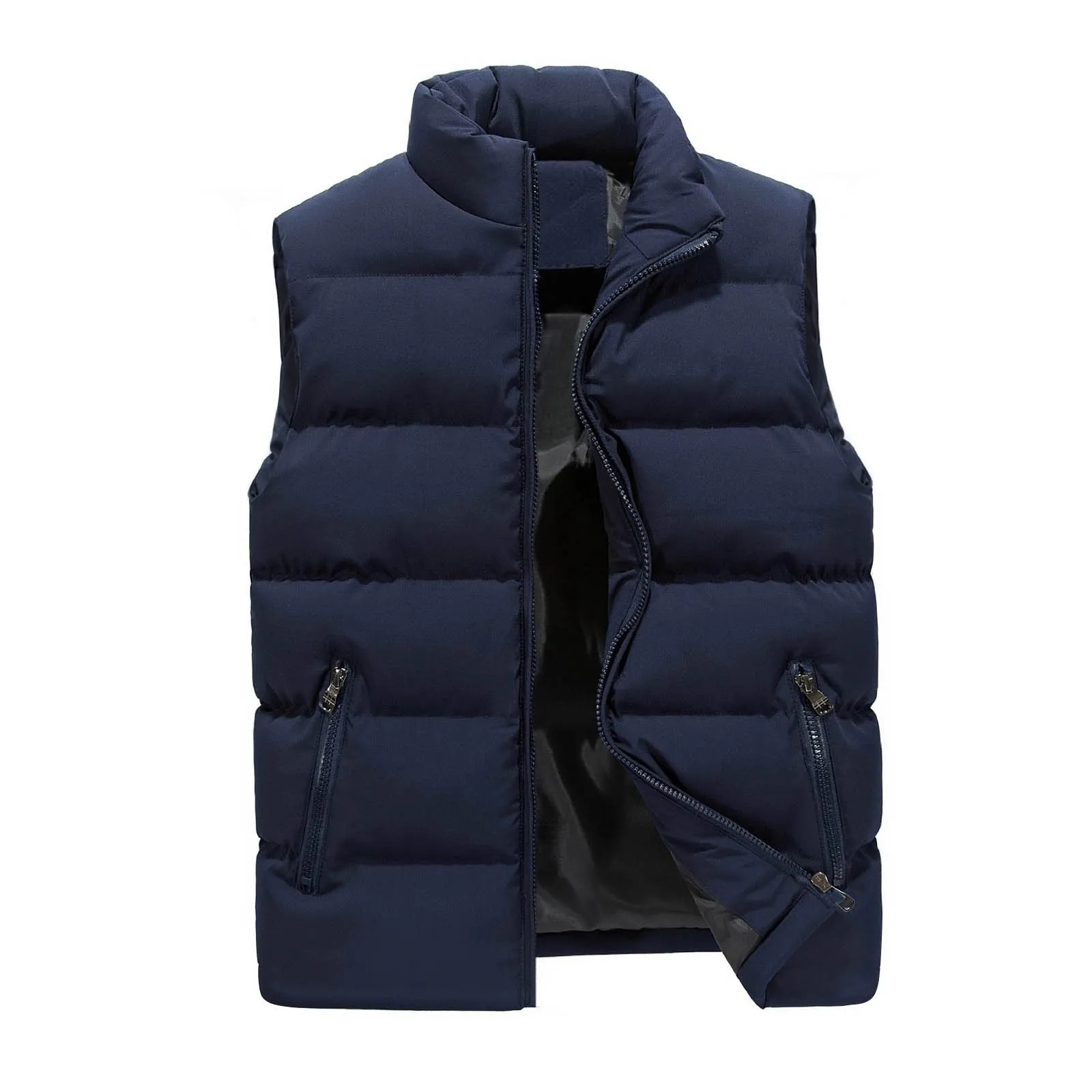 

Men'S Vest Coat New Autumn Winter Fashion Solid Warm Fitting Vest Coat Classic Simple Zipper Stand Collar Waistcoat