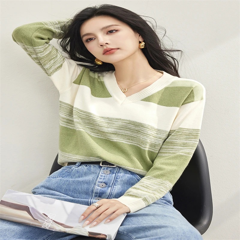 

H Han Queen 2024 Autumn Tops Women Sweater Color Blocking Stripes Loose Vintage Casual knitted Pullover Sweaters Woman Clothing