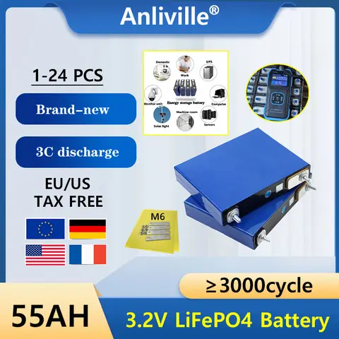 1-24PCS Anliville 3.2V 55Ah LiFePO4 battery Grade A 3C discharge DIY 12V 24V Motorcycle Car Motor batteries Modification M6 Stud