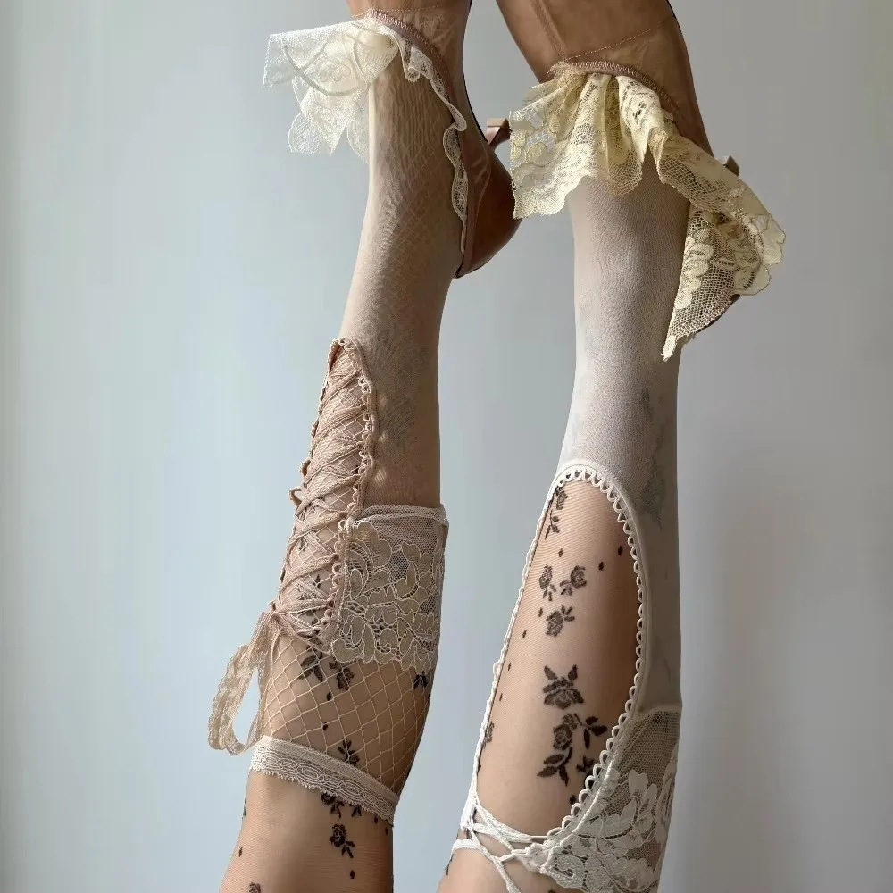 Vintage Lace Tie Stockings Princess Dress Lolita Doll Ballet Style Over The Knee Socks Retro French Sweet Skirt Stockings Gift