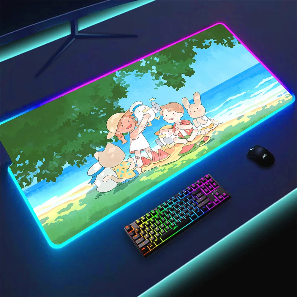 Anime Gamer Girl RGB Mouse Pad Blue Led Deskmat 90x40 Computer Accessories Kawaii Gaming Rubber Pad Keyboard Mat with Backlight