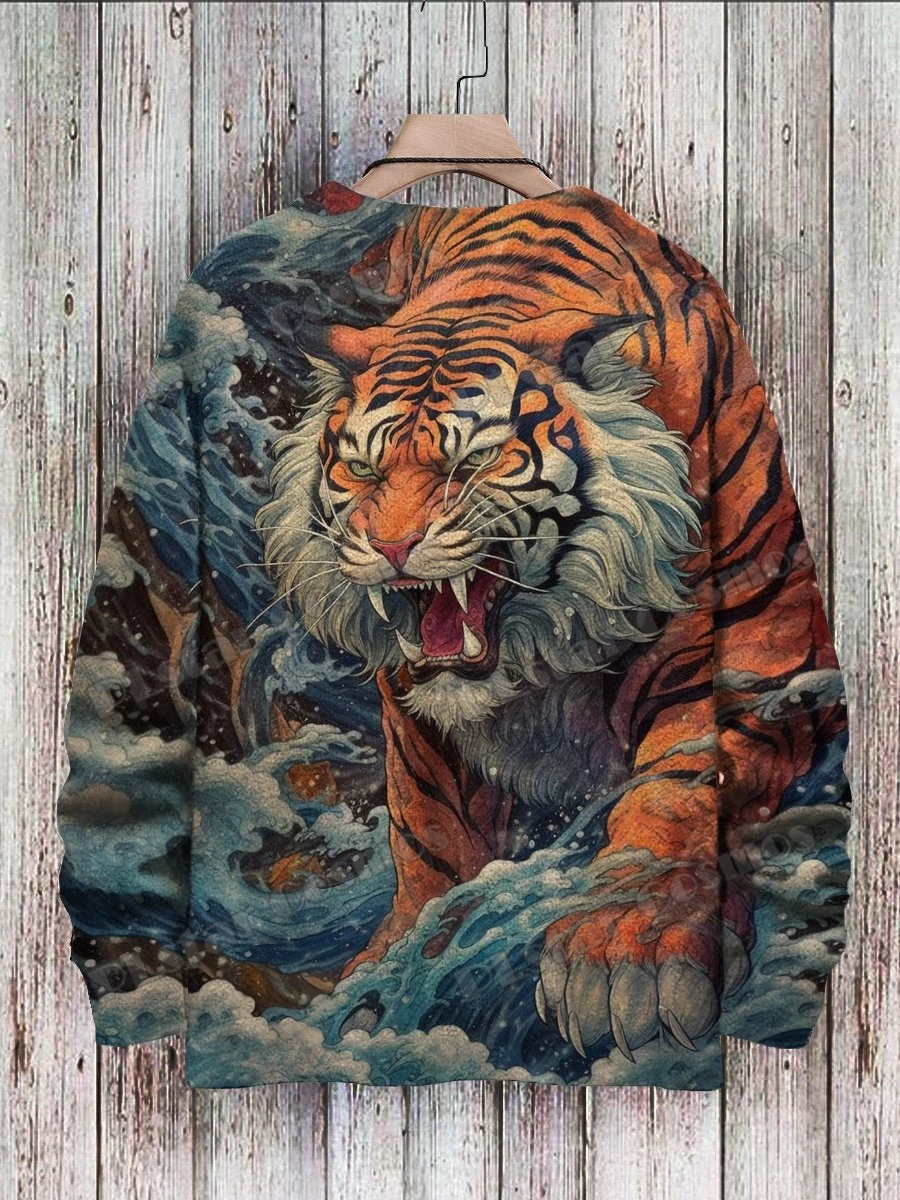 Jersey de punto con estampado 3D de arte de tigre y León colorido para hombre, Jersey de punto informal Unisex de invierno ZZM114