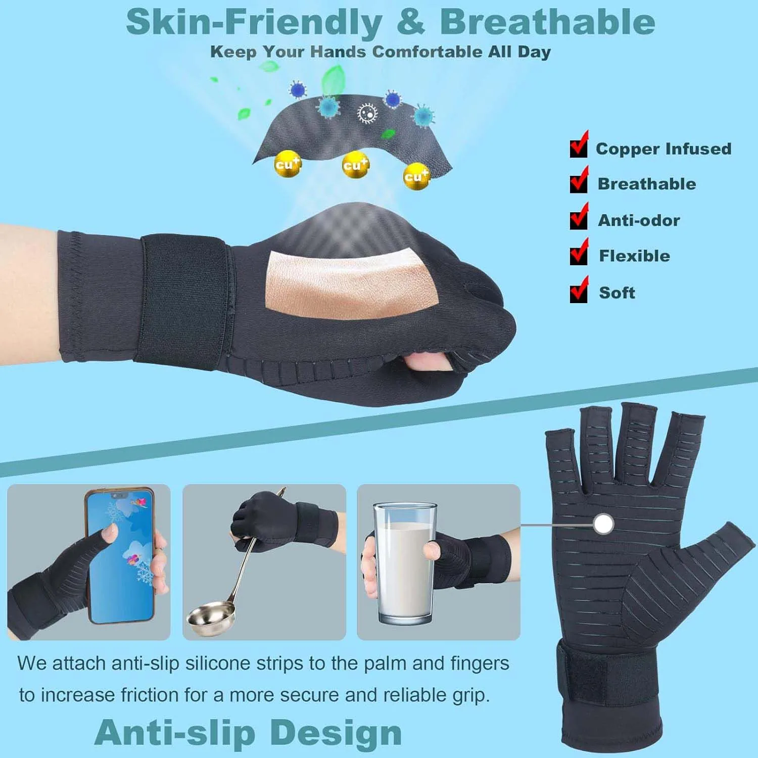 Adjustable Compression Arthritis Gloves, Copper Infused Wrist Support Gloves for Carpal Tunnel Pain Relief Recovery
