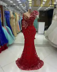 2024 Arabic Burgundy One Shoulder Long Sleeve Evening Dresses Sparkly Crystals Flower Sequined Birthday Party Gowns Formal