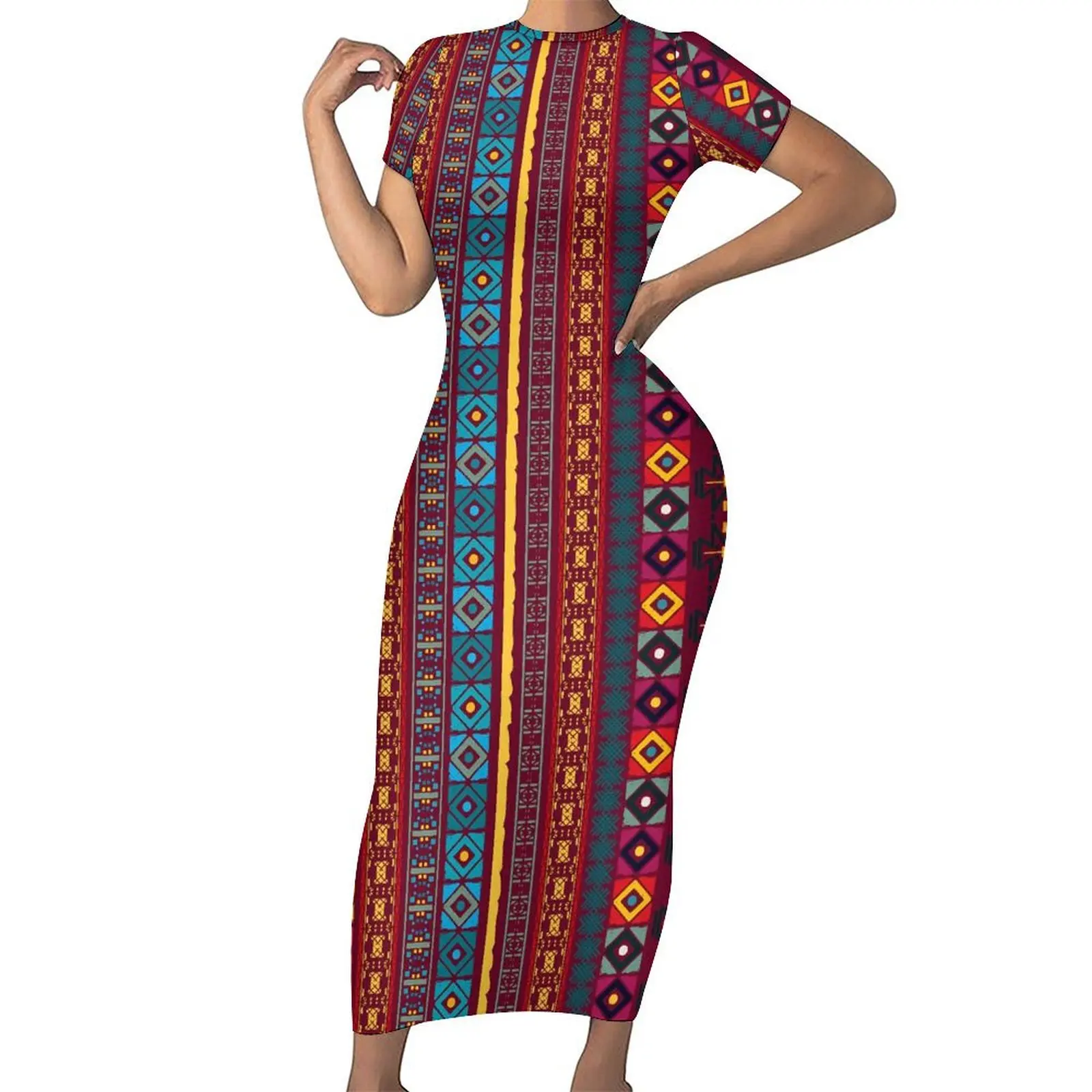 Vestido estampado tribal manga curta vintage étnico boho night club maxi vestidos primavera padrão estético bodycon vestido tamanho grande 5xl