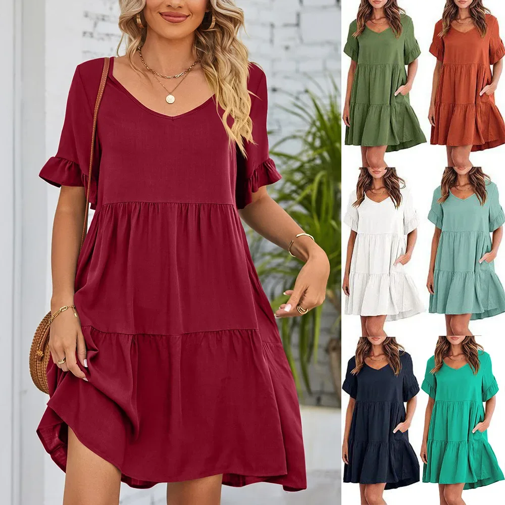 Dress Women Ruffles Mid Length Dresses Summer Short Sleeve A Line Casual Loose High Waist V Neck Boho Splice Y2k Vestidos