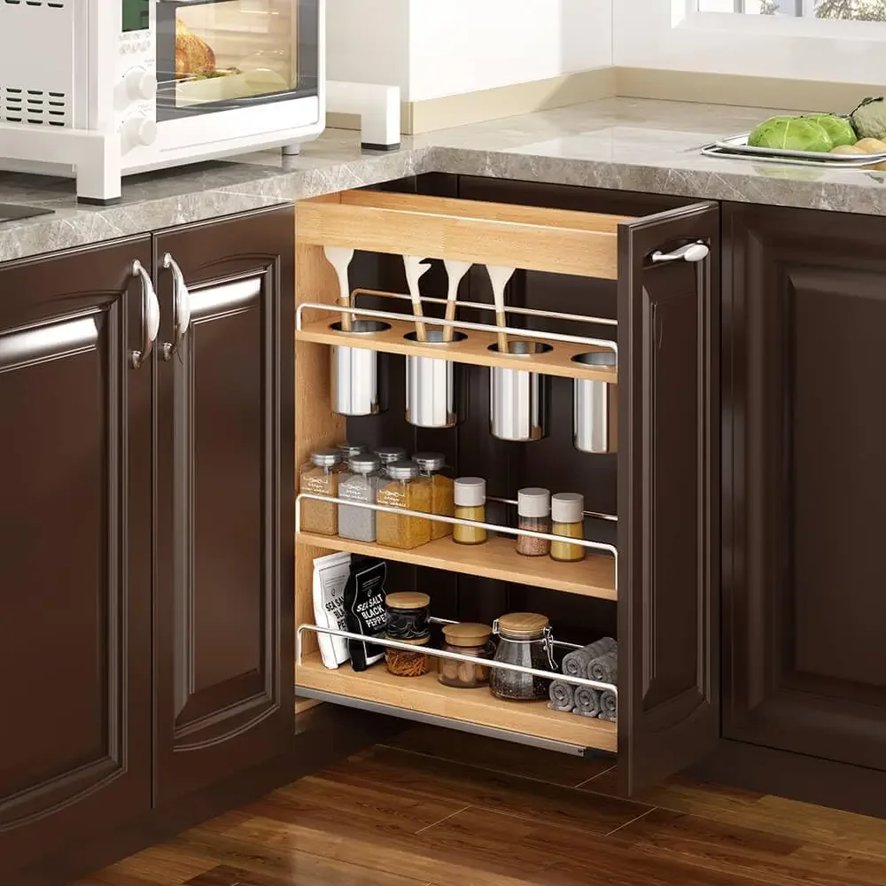 Sliding Cabinet Organizer Narrow Three Tier Wood Storage Soft Close Kitchen Spices Utensils
