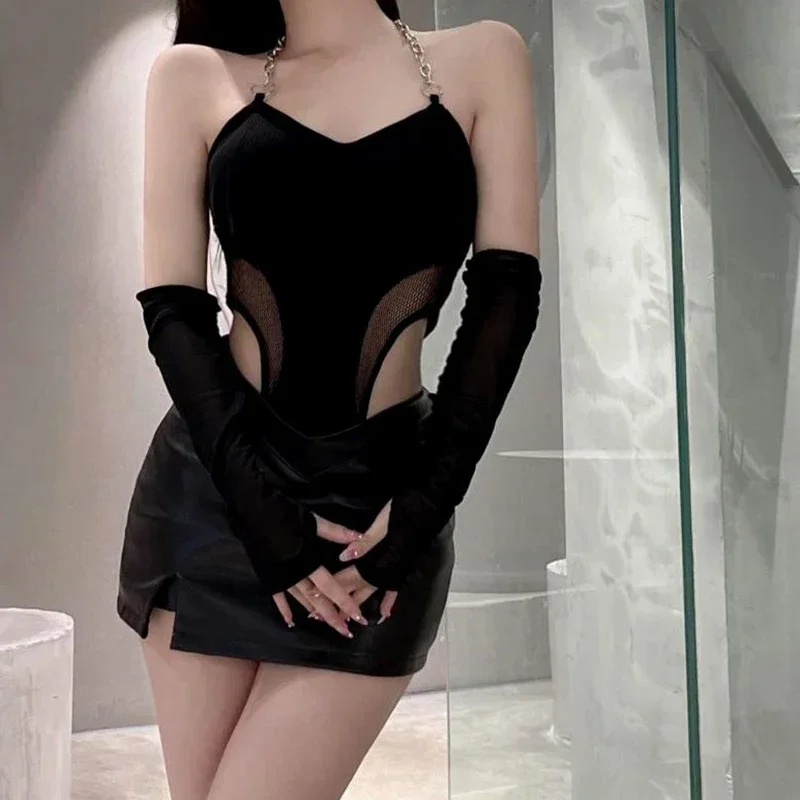 Chain Halter Basic Jumpsuit Women Bodycon Leotard Top Gauze Splicing Retro Slim Sexy Long Sleeves Hot Girl Streetwear