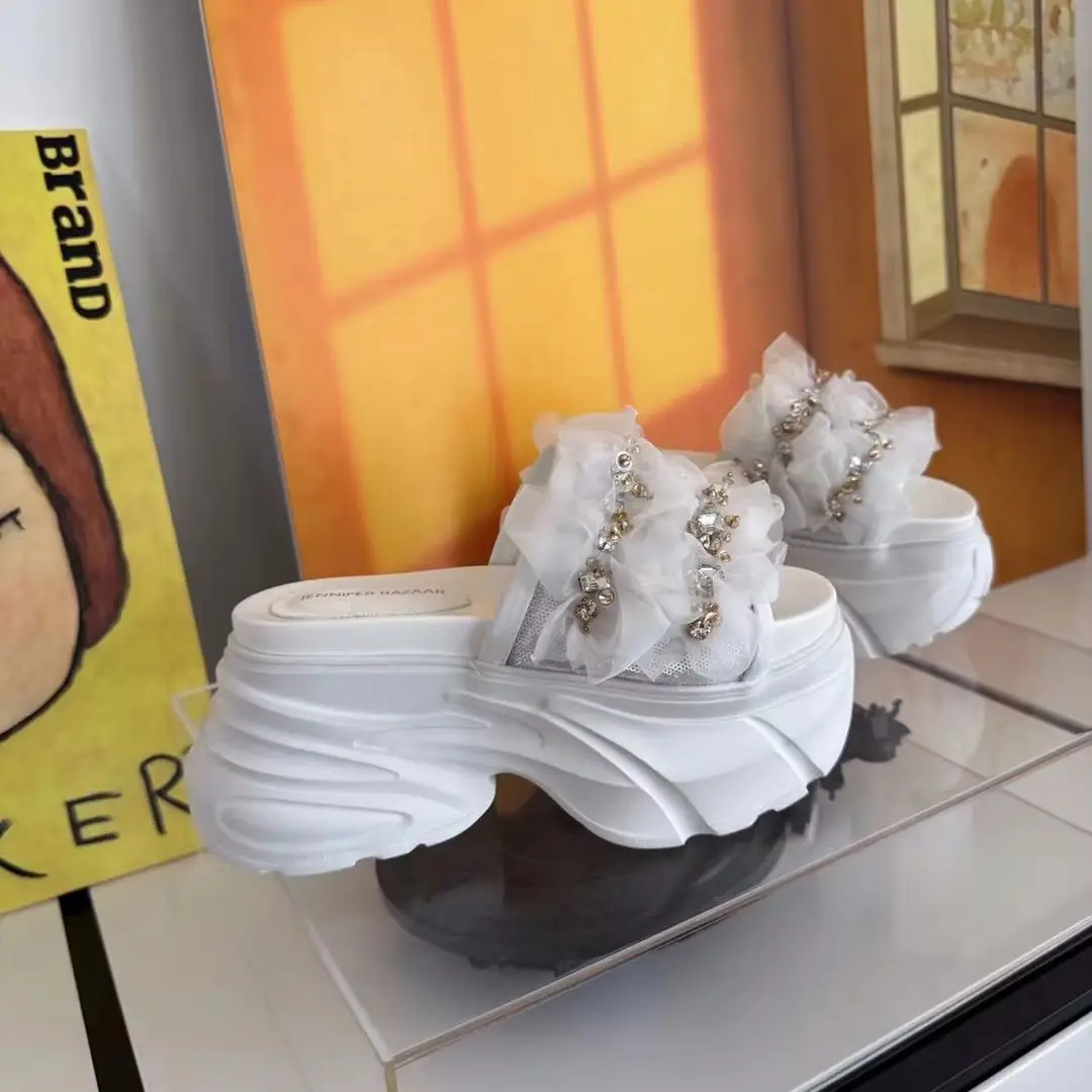 Women White Chunky Platform Slides Mesh Tulle Flower Sandals Pearl Rhinestone Thick Sole Slip-on Mules Outdoor Vulcanize Shoes