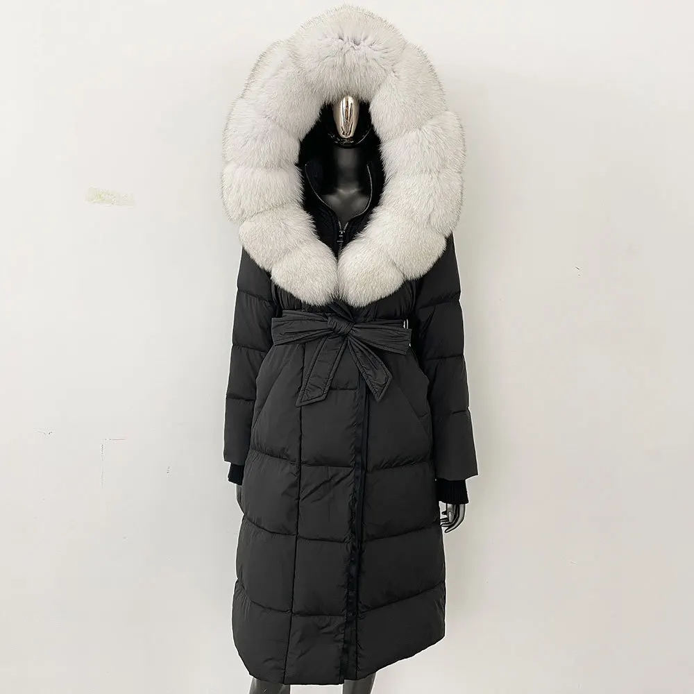 2025 الشتاء ريال فوكس الفراء طوق سترة الفراء الطبيعي سترة سميكة الدافئة فضفاضة معطف مقاوم للماء المرأة أوزة أسفل سترة