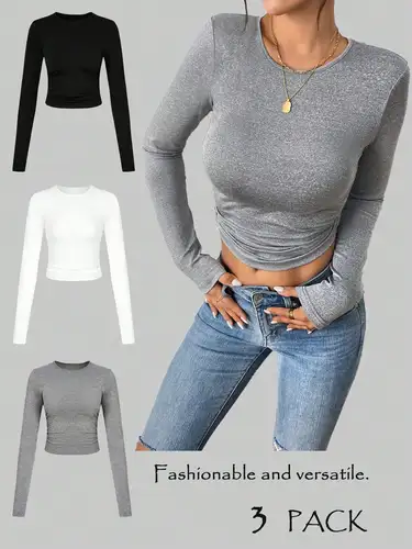 Imagen 2 del producto Conjunto de camiseta de manga larga con cuello redondo de 3 piezas para mujer, tops casuales diarios para todas las estaciones