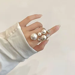 French Exquisite Shining Inlaid Zirconia Imitation Pearl Adjustable Ring Ladies Gentle Temperament Holiday Jewelry Gifts