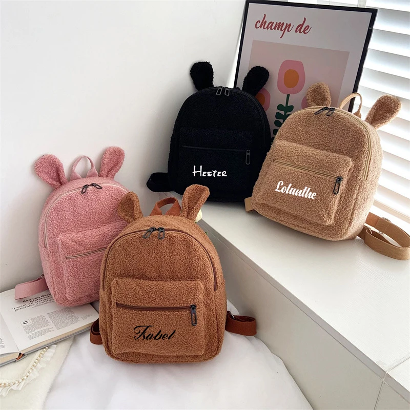 Personalised Name Rabbit Ear Backpacks Custom Your Text Kid\'s Back Pack Plush Bag Toy Gifts for Kids Girls Baby Double Layer