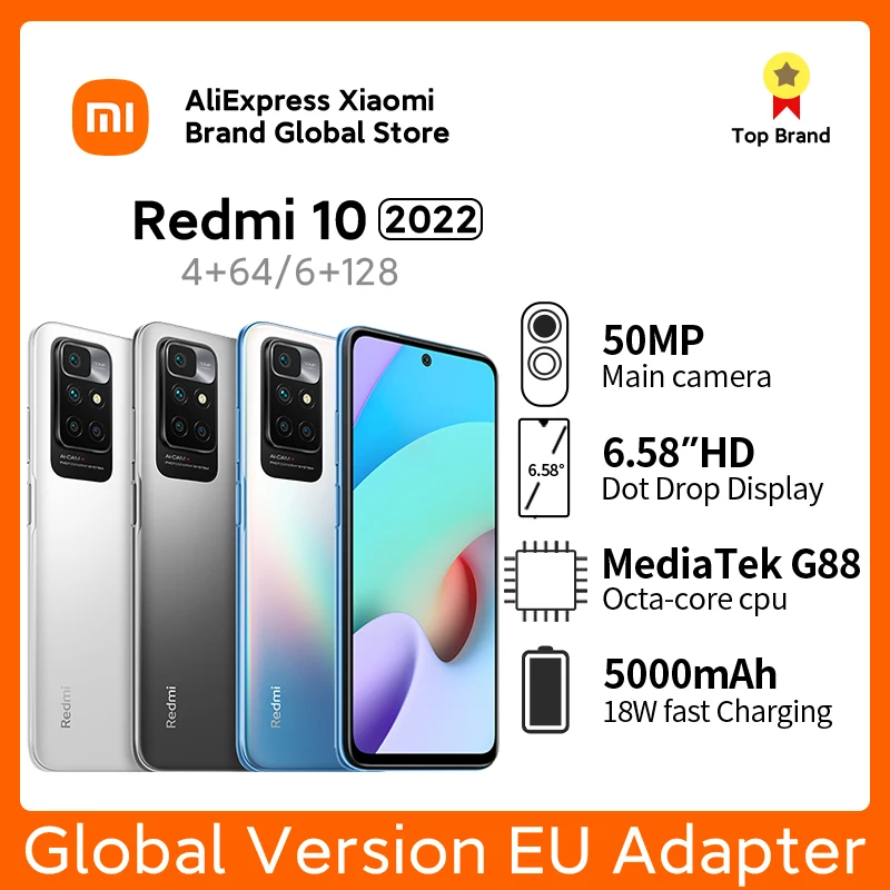 Xiaomi Redmi 10 2022 Global Version 4GB +128GB Smartphone 50MP MediaTek Helio G88 Octa Core 90Hz FHD Display 5000mAh Cell Phone