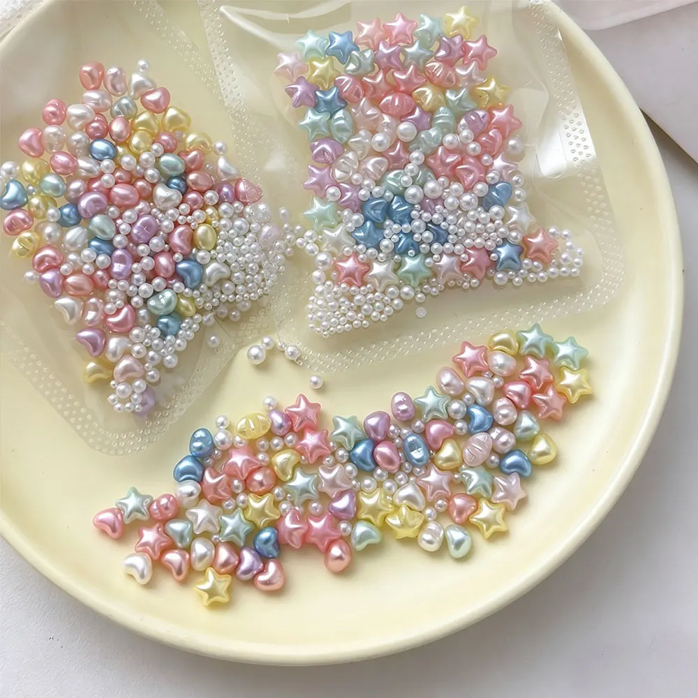 50pcs Kawaii Macaron Star Heart Nail Rhinestones 3D Pearlescent Colorful Peach Heart Star Nail Charms 6.5*10mm Cute Nail Decor