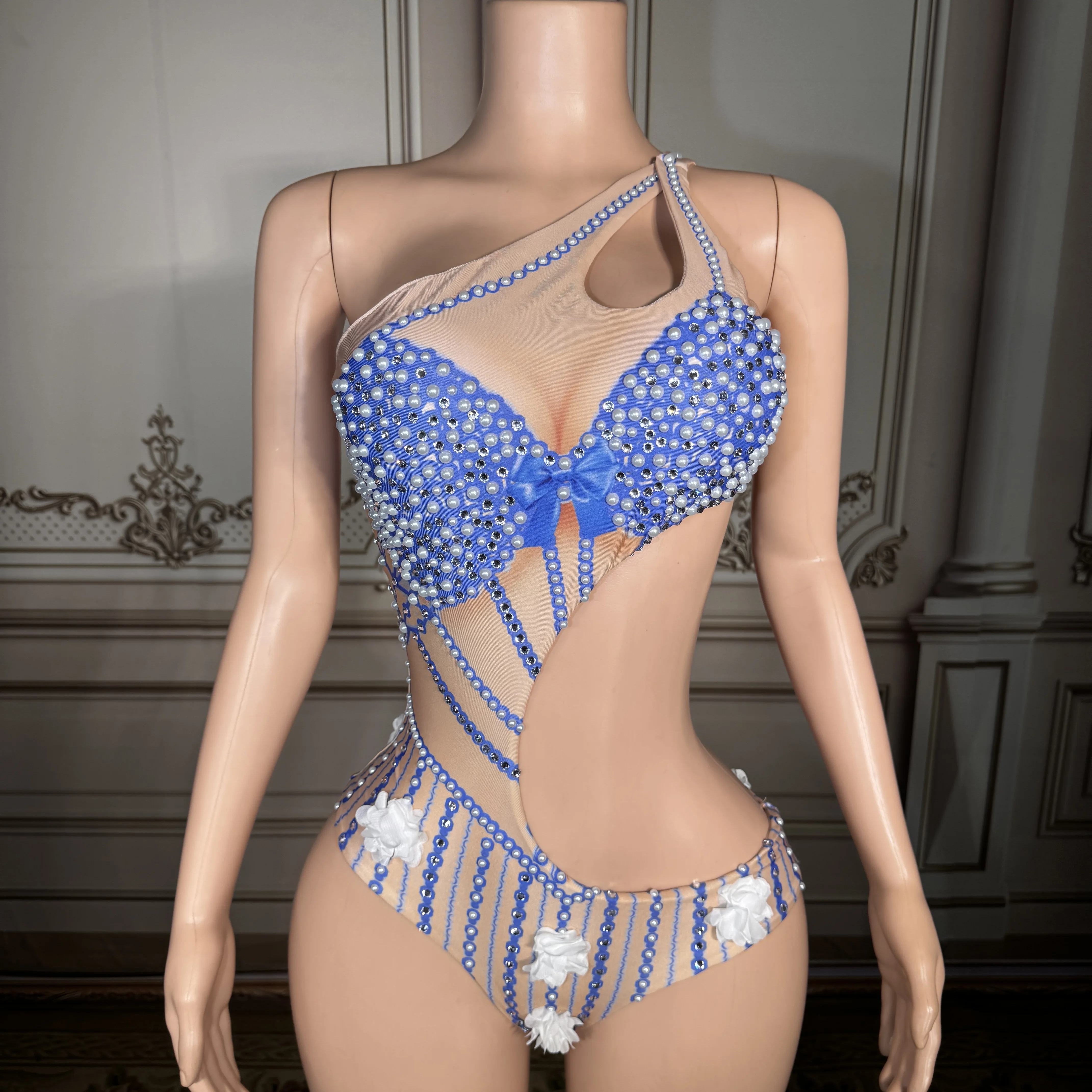 

ZD Elegant Blue Pearl & Bow Cutout Swimsuit Women Sexy Nude Illusion Monokini Luxury Crystals