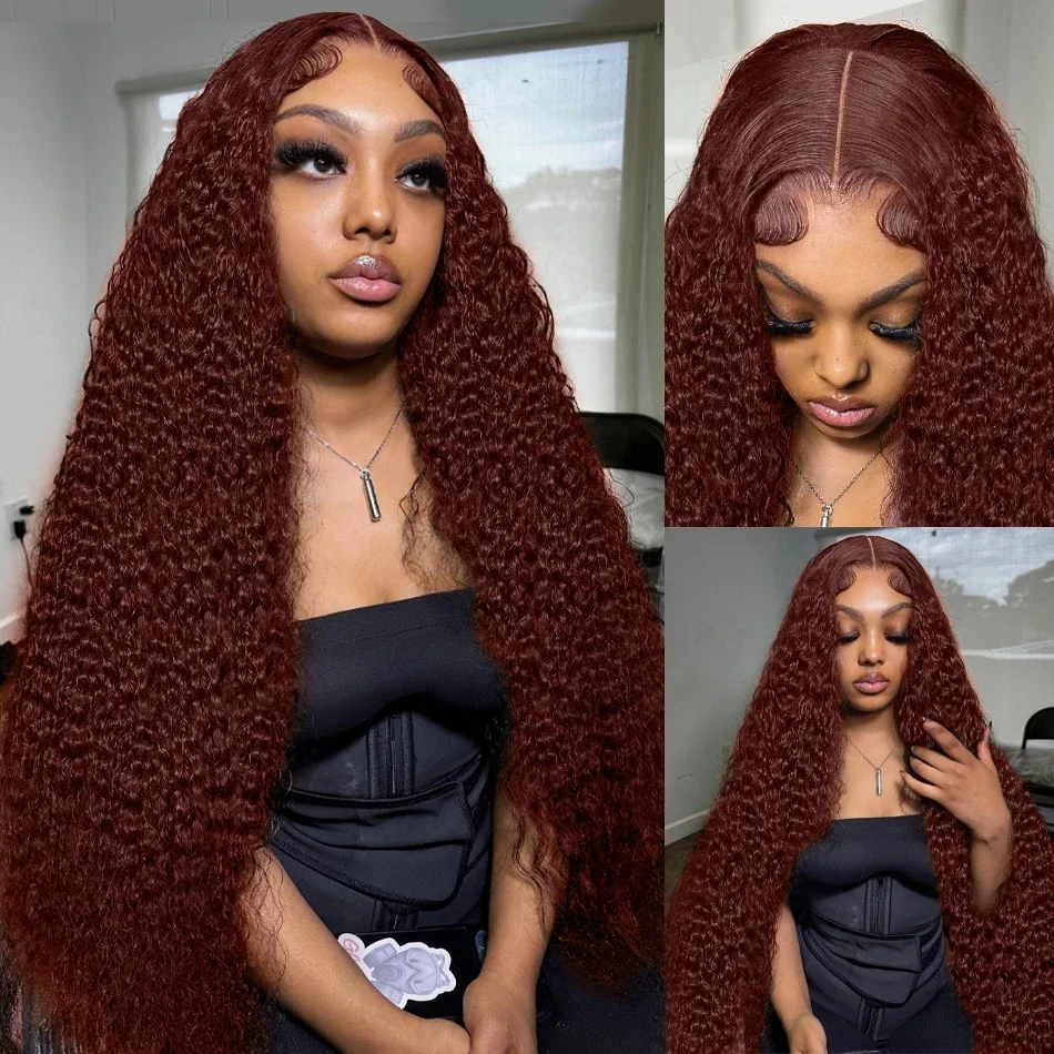 

30" Reddish Brown Deep Wave 13x6 Lace Frontal Wig Remy Pre Plucked Colored Water Curly 13x4 Lace Front Human Hair Wigs For Women