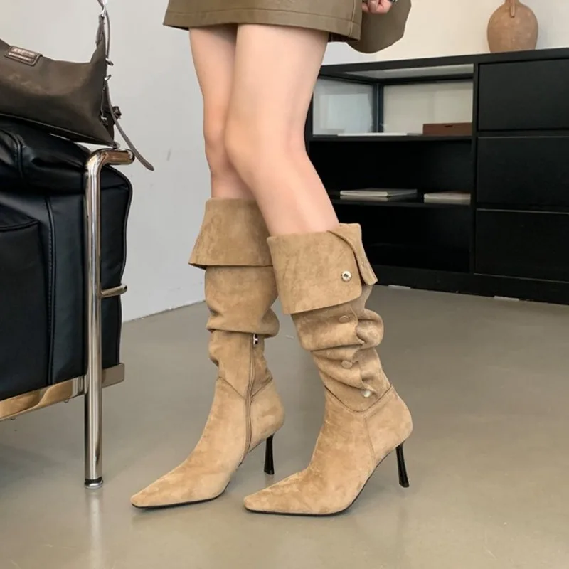 Women's Knee High Boots Pointed Toe High Stiletto Heel Suede Look Fold Over Cuff Slouch Shaft Button Detail Party Dress Shoes view 4
