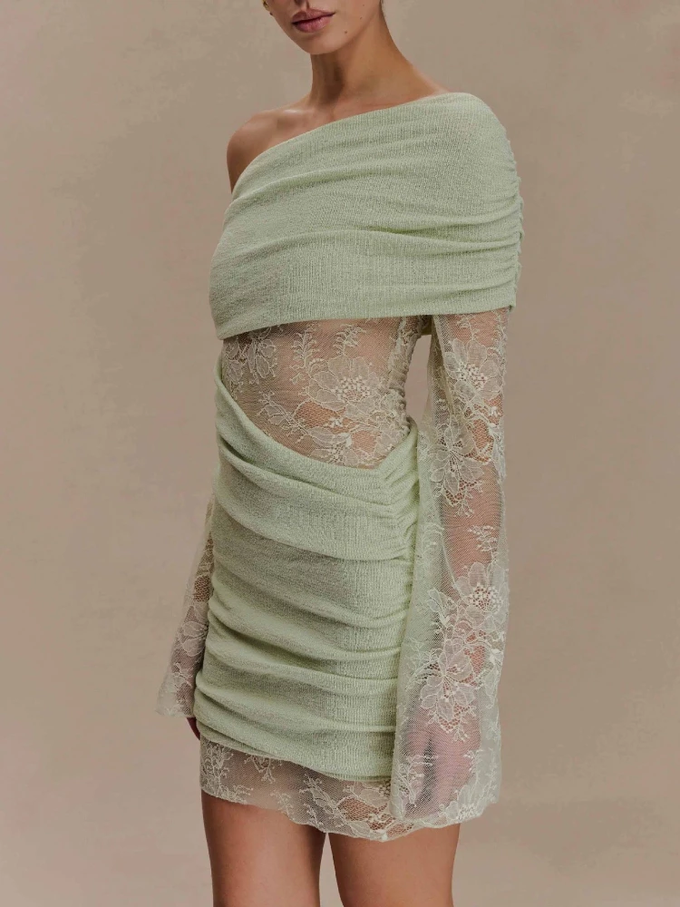 Missuoo 2026 élégant femmes robe en dentelle épaule froide manches longues coupe ajustée Mini robe femme élégante tricoté robes de vacances