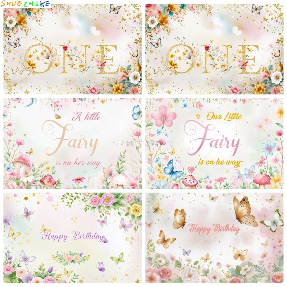 

A Little Butterfly Is On Her Way Baby Shower Photography Backdrop Happy Birthday 1st Year Fairy Spring Mushroom Background OH-01