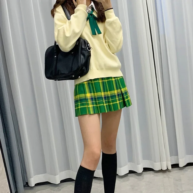 Saia plissada estilo casual japonês Jk original para menina, cor amarela e verde, cintura combinando, fina e fina, linha A, versátil, verão