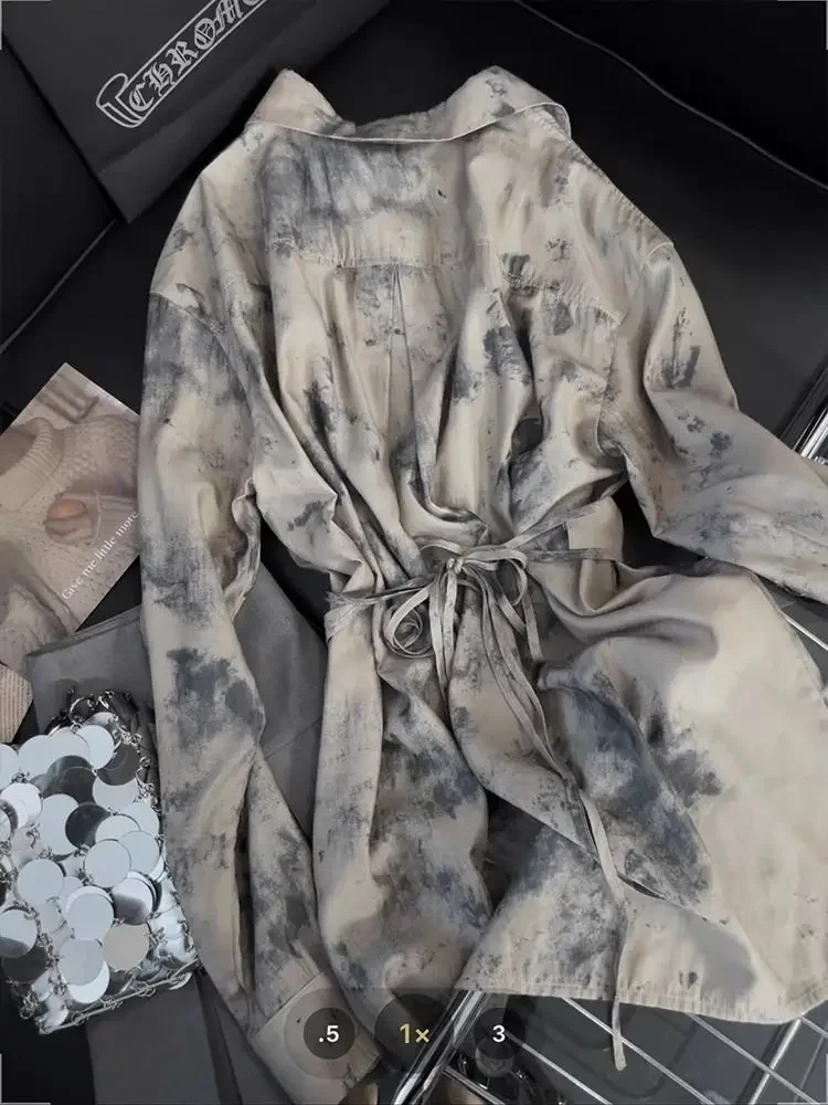 Corbata única otoño nuevo estilo elegante Top teñido con tinta Vintage camisa de mujer de longitud media