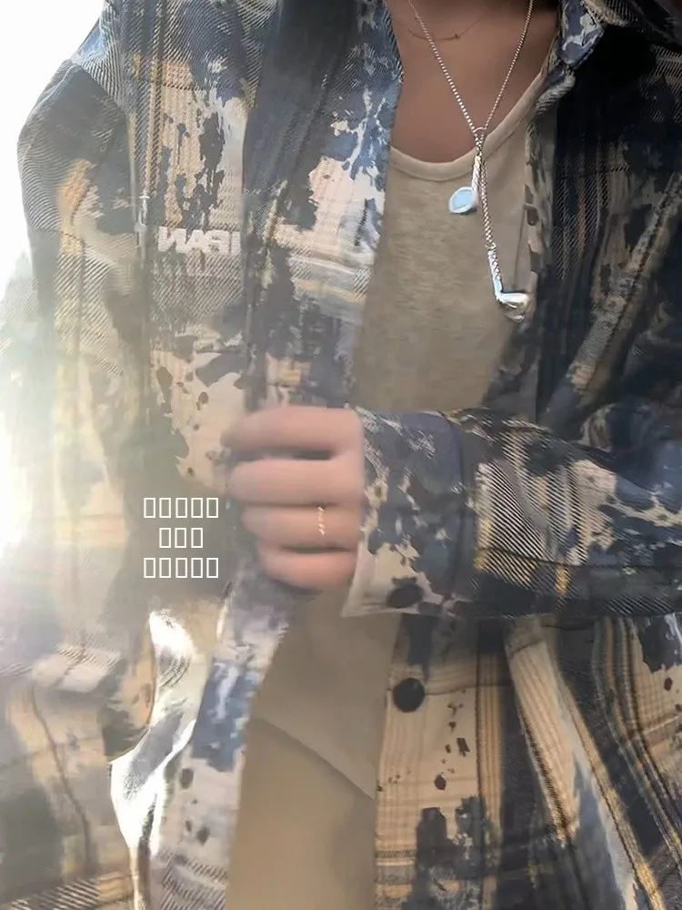 

Американская ретро-рубашка в синюю клетку с эффектом тай-дай для мужчин, летняя, свободного кроя, для пар, верхняя одежда, с длинным рукавом, стандартный крой, для пар.