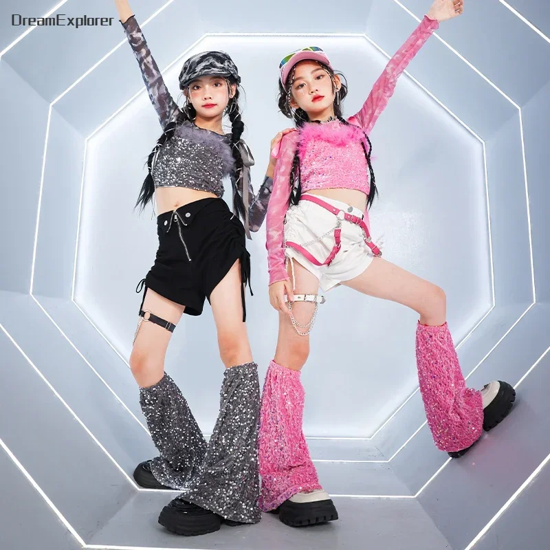 Girls K-pop Sequin Crop Top Street Dance Shorts Kids Hip Hop Jazz Hot Pants Clothes Sets Children Streetwear Girl Group Costume