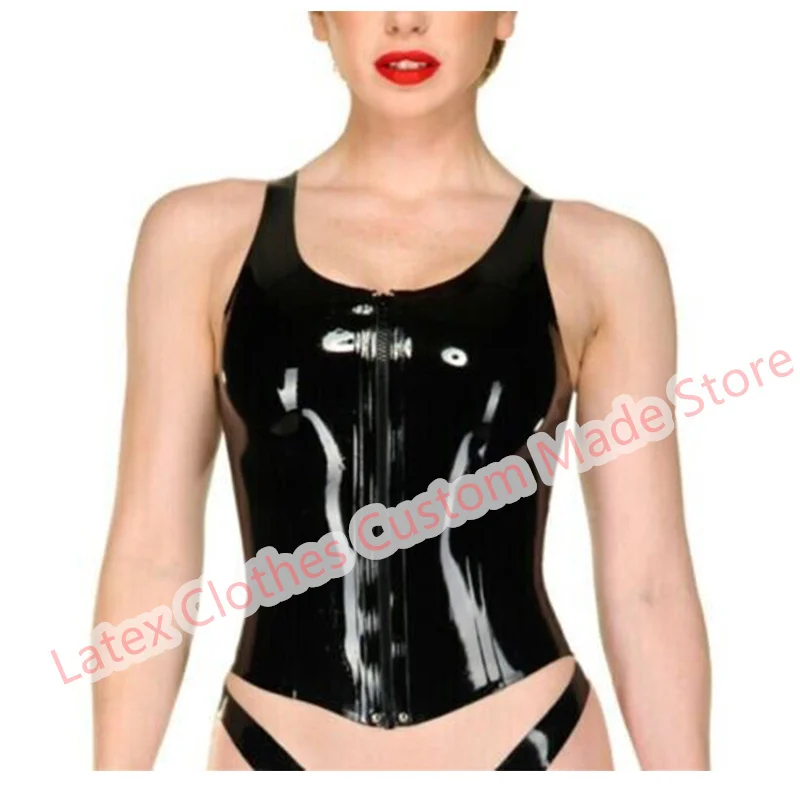 

Handmade Latex Vest Top Rubber Suit Sexy Lingerie for Women Cosplay Costumes Front Zip Black