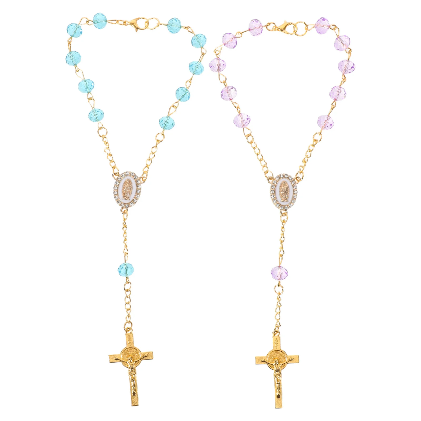 

2pcs Car Decor Hanging Accessories Purple Blue Beaded Rosary Pendant For Rearview Mirror Catholic Religious Gift Auto Interior
