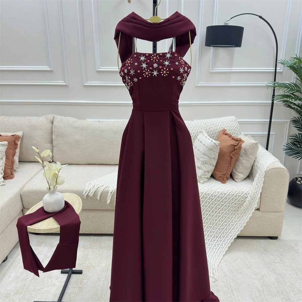 Customized High Quality Burgundy Jersey Evening Dress Delicate Crystal Strapless Detachable Sleeve Sweep Train Vestido De Noche