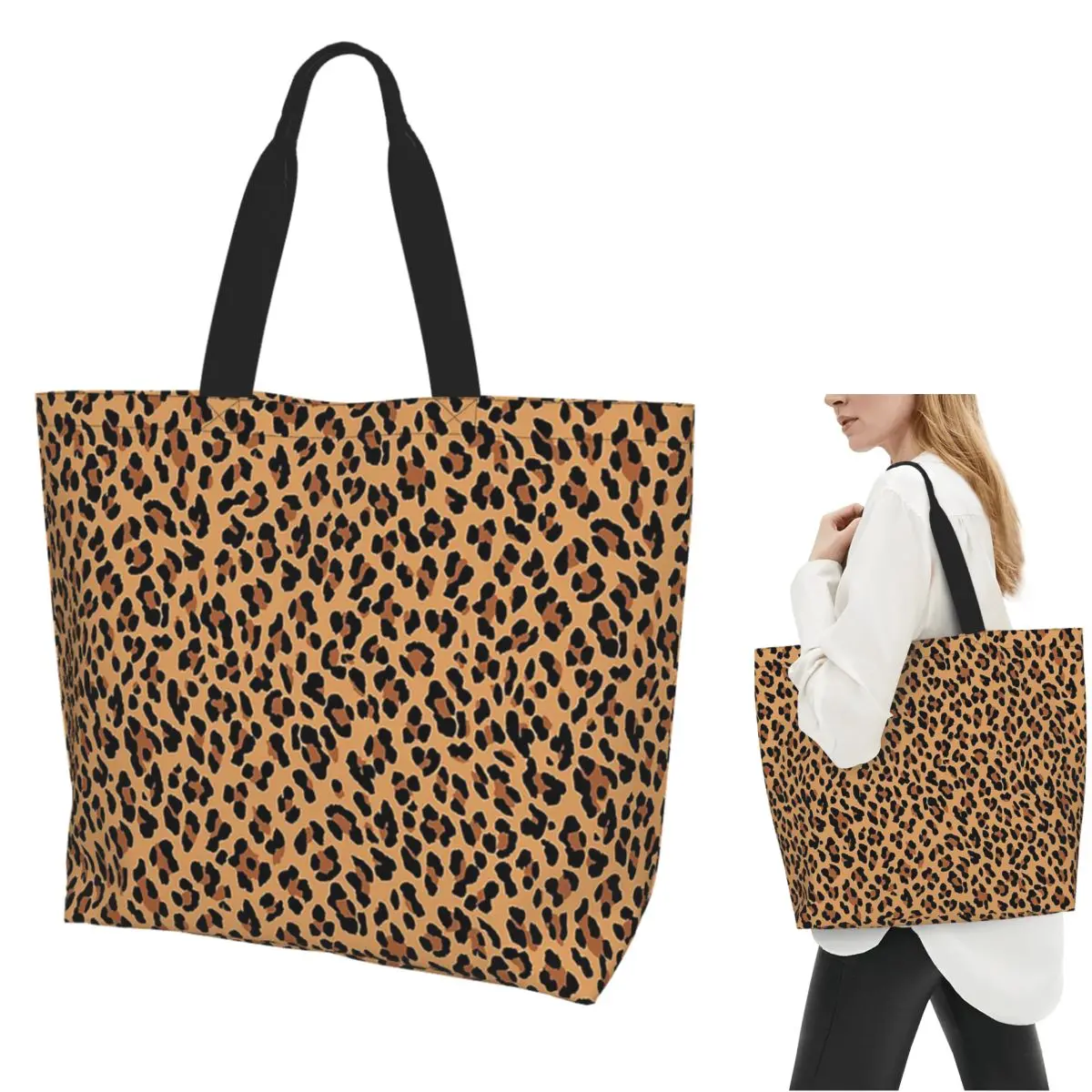 

Tan Leopard Print Shopping Tote Bag Canvas Large Capacity Shoulder Bags Shopper Grocery Handbag for Women