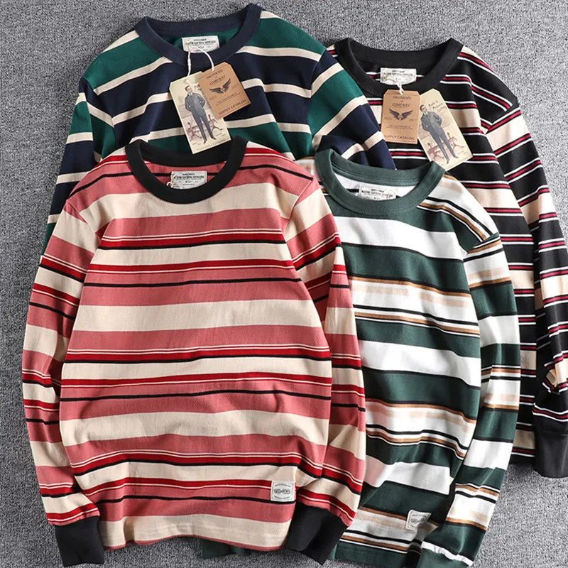 1205# Autumn New Japanese Retro Heavyweight 280g Long-sleeved Striped T-shirt Men's Fashion 100% Cotton Washed Loose Casual Tops