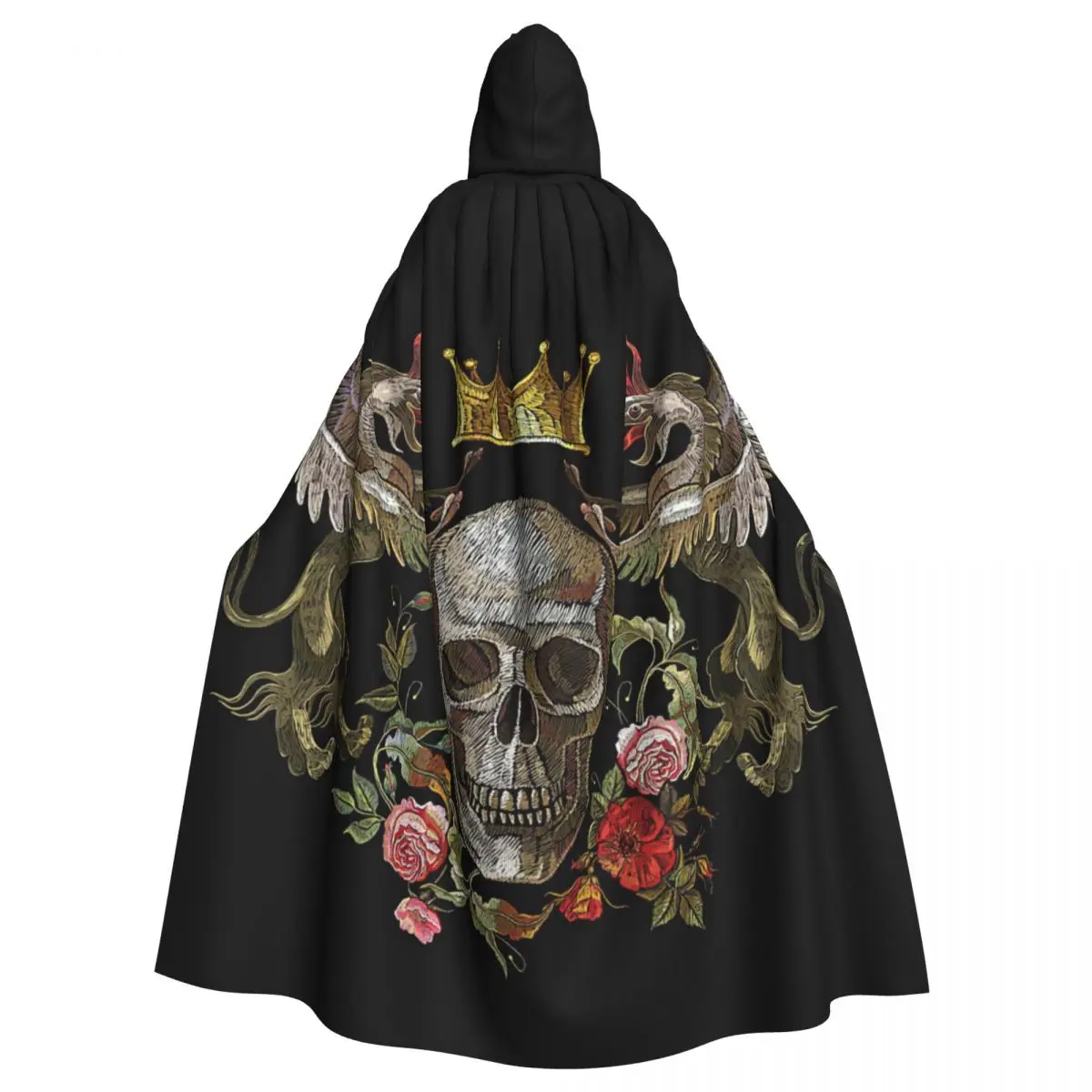 Luxury Embroidery Two Griffins Skull And Flowers Hooded Cloak Halloween Party Cosplay Woman Men Adult Long Witchcraft Robe Hood