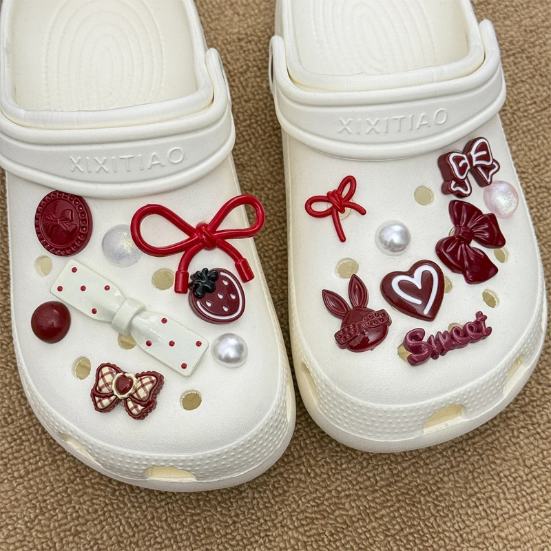 Red Bow Shoe Charms Set Fashion Pearl Star Shoe Decoration DIY Removable shoe buckle 1Set