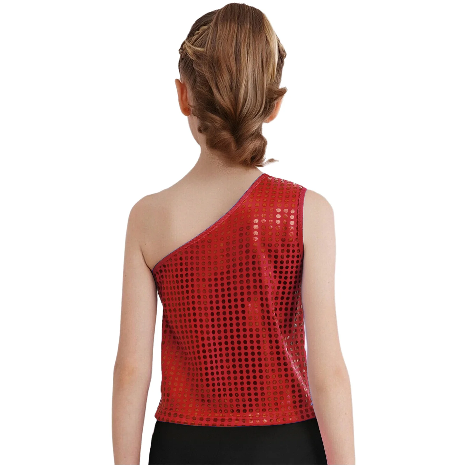 Girls Metallic Dots Cheerleading Dance Vest Top One Shoulder Shiny Tank Tops for Jazz Hip Hop Street Dancing Stage Performance