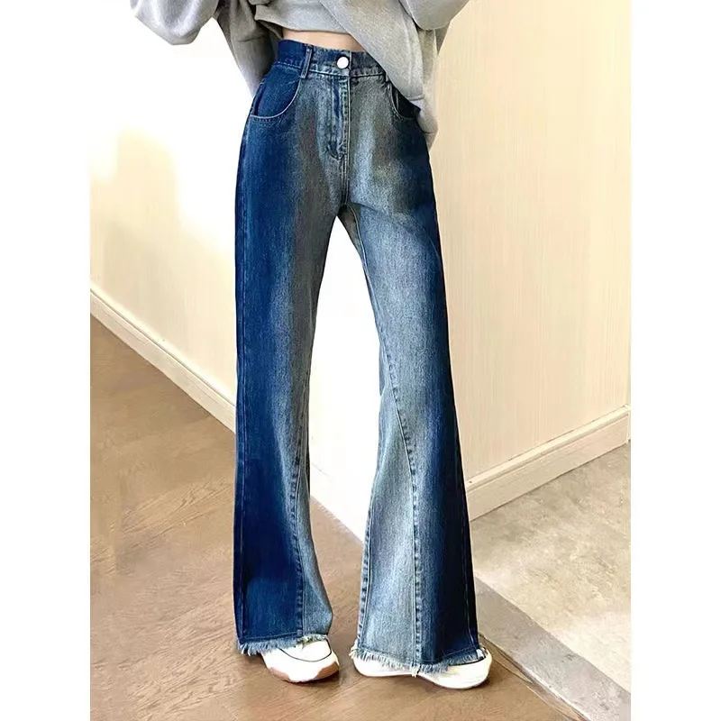 

2024 Women's Autumn Retro Gradient Color Micro Raw Hem Jeans New High Waist Loose Wide Legs Mop Pants