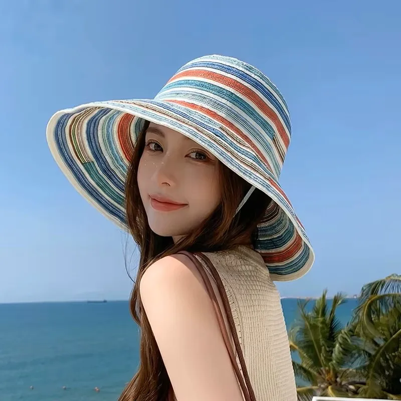 Gestreifter Bucket Hat für Damen, Sonnenhut mit breiter Krempe und UV-Schutz, atmungsaktive Strandmütze für Sommerreisen