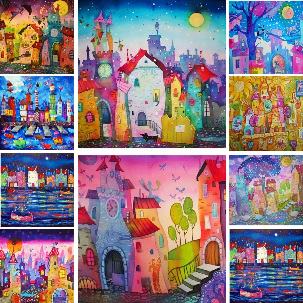 Landscape Cartoon House Printed Canvas 11CT Cross-Stitch Kit Embroidery Handmade Handiwork Craft Painting Sales Design Package