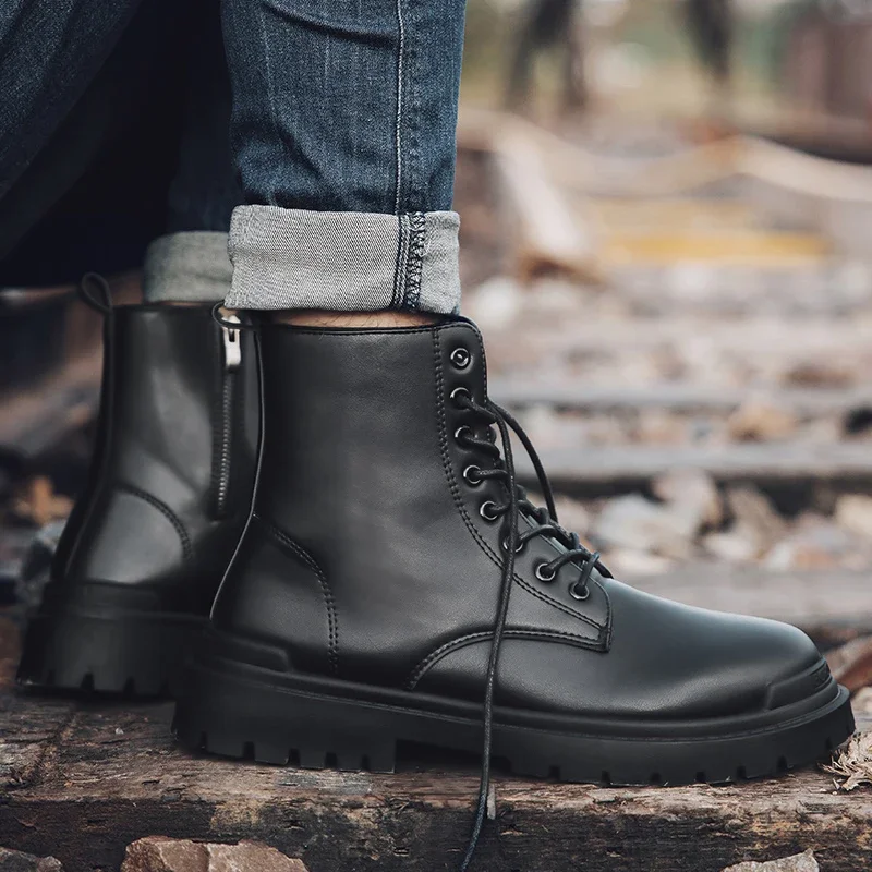 British Style Motorcycle Boots Man Platform Boots Classic Black Leather Ankle Boots For Men Outdoor Anti-slip Men's Biker Boots