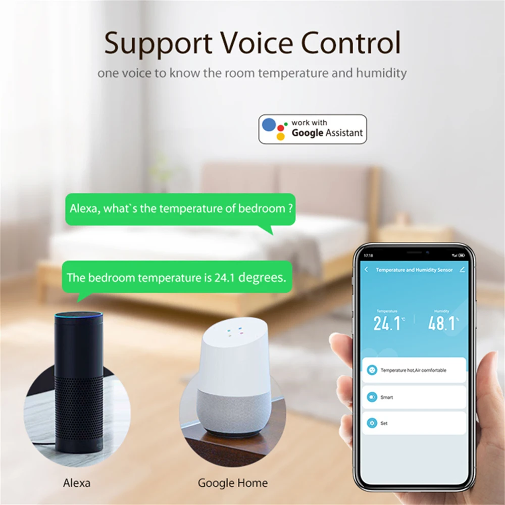 Tuya Homekit Smart Temperature and Humidity Sensor Dual Powered APP Remote Monitoring Voice Control Works With Alexa Google