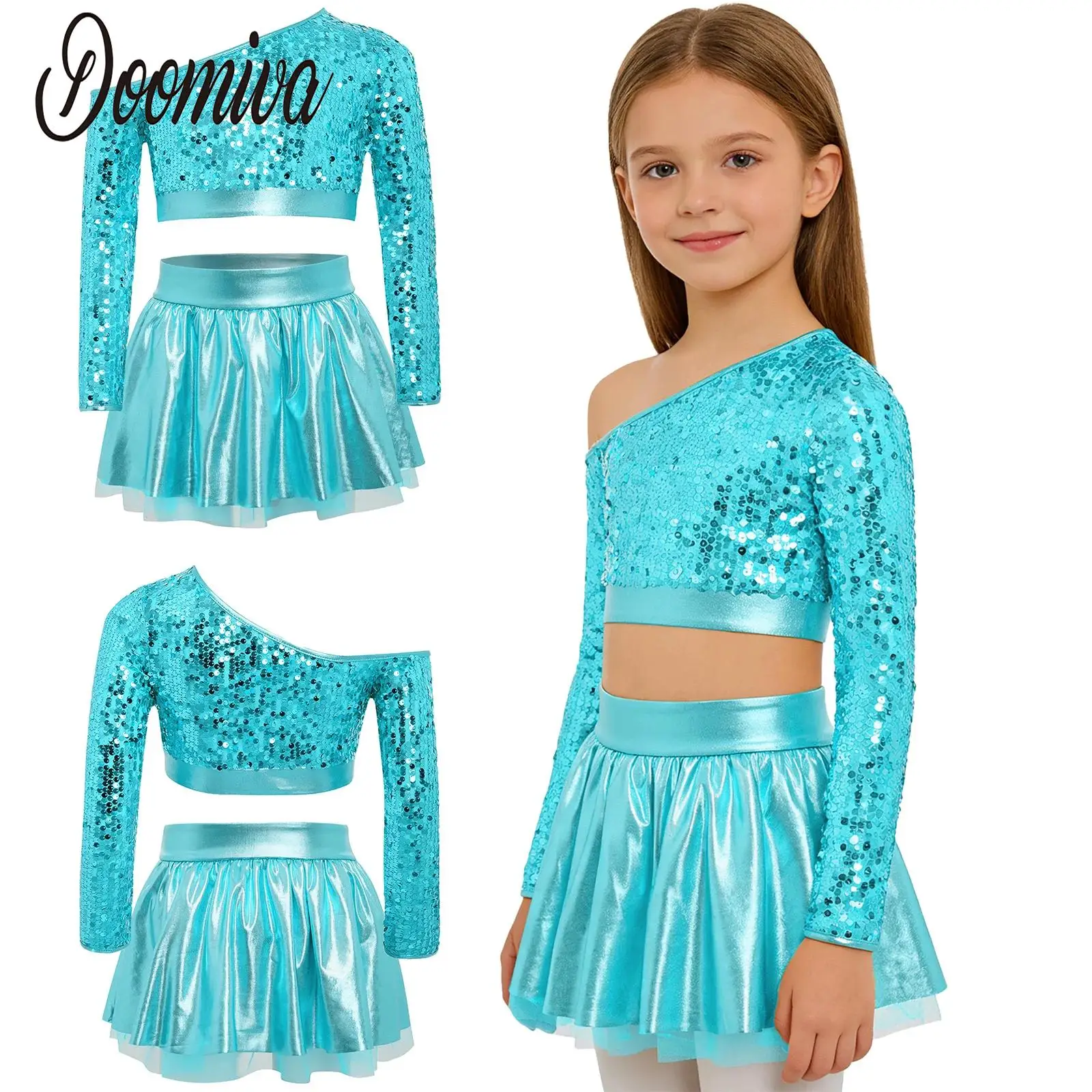 

Kids Girls Jazz Modern Dance Costume Outfits Cheerleader Skating Set One Shoulder Long Sleeve Sequin Top And Metallic Tutu Skirt