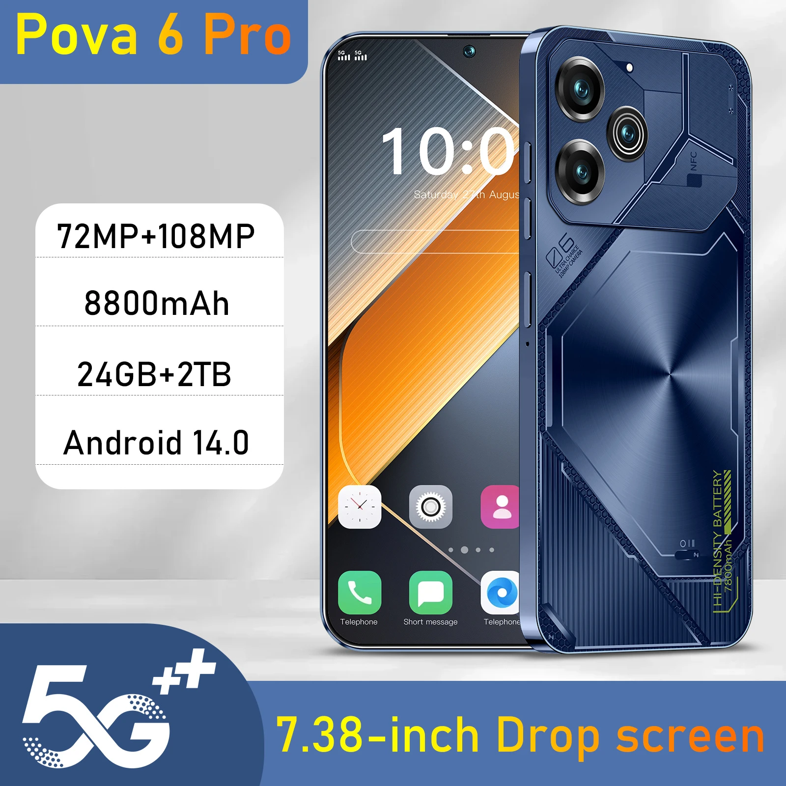 

Original Pova 6 Pro Smartphone 5G Snapdeagon8 Gen3 7.3inch 24GB+2TB Cell Phone DualSIM MobilePhones 72+108MP Android14 Unlocked