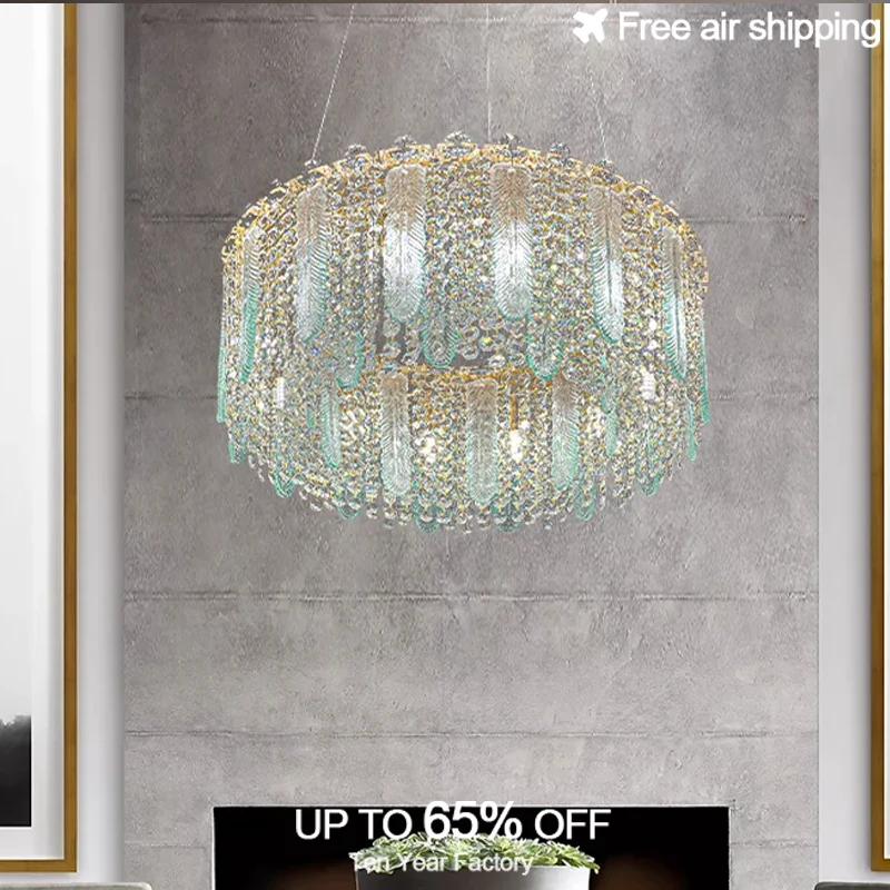 Decorative LED Chandelier with Luxury Gold Silver Round Feather Crystal for Dining Room Ceiling Lighting Fixtures