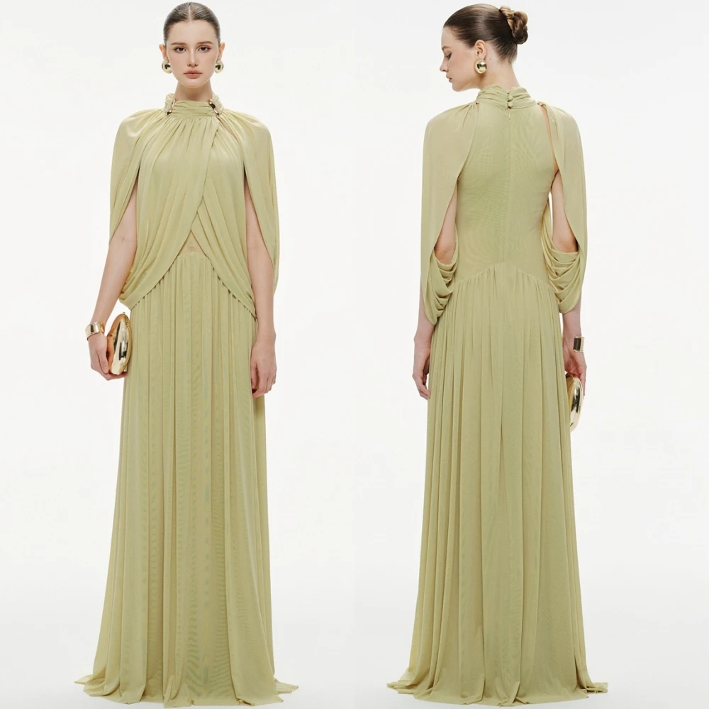 

Customized Luxury Chiffon Evening Dress Simple Long Sleeves Sweep Train Prom Dresses Modern High Collar Special Occasion Gowns